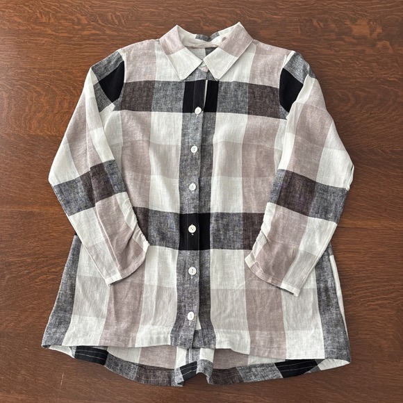 Soft Surroundings Plaid Check Linen Blend Button Up Shirt Back Zip Lagenlook M - Picture 4 of 15